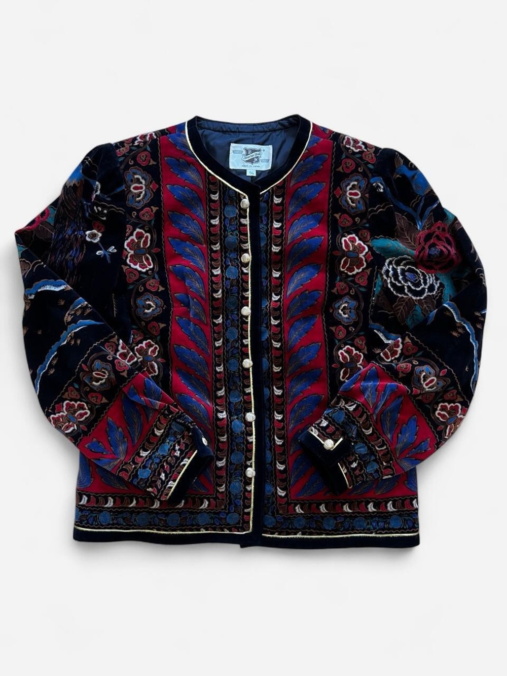 Vintage 80s Saxton Hall Velvet Quilted Boho Oriental Floral Jacket Made in Japan